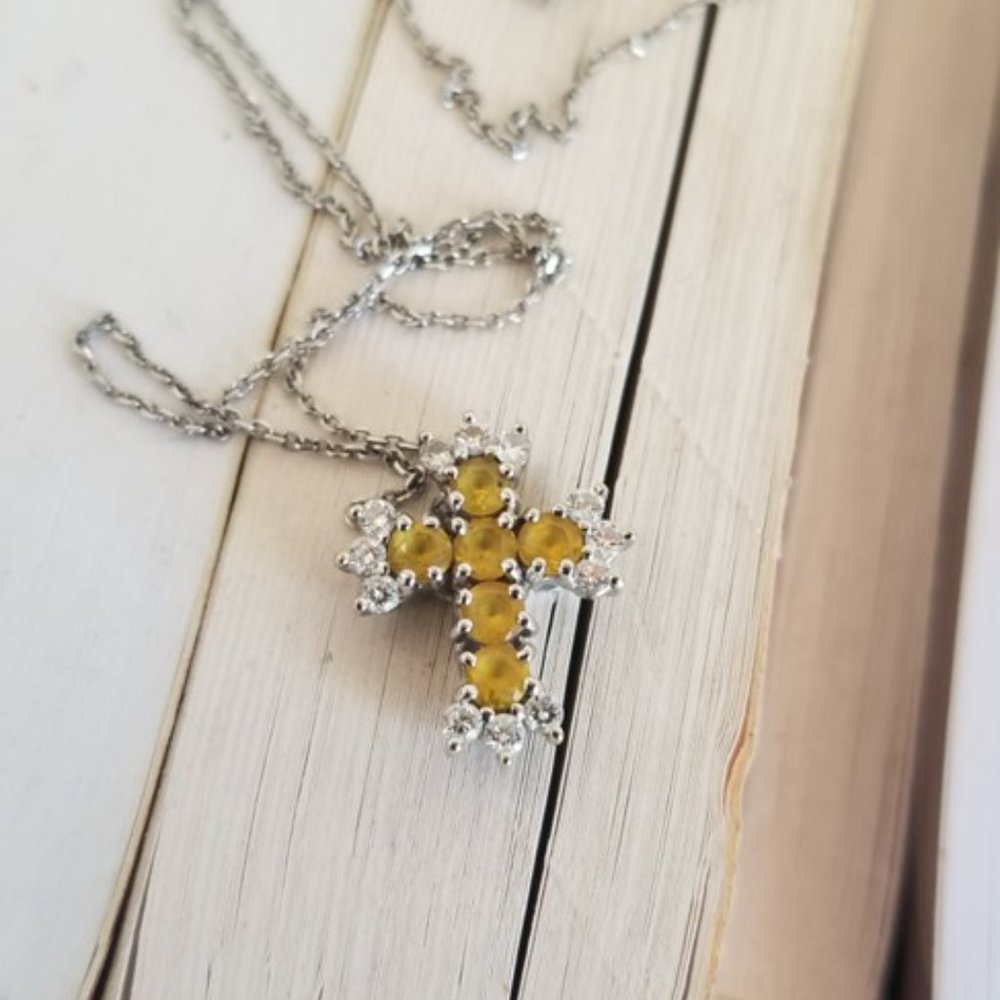 Yellow Sapphire diamond cross 18k w/10k chain - Picture 4 of 5